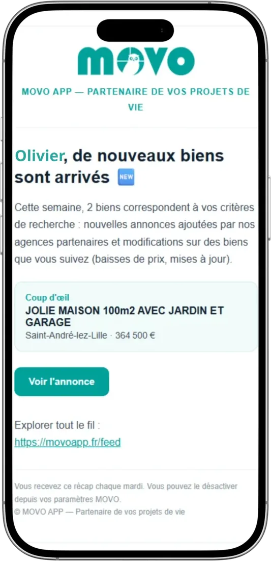 E-mail hebdomadaire MOVO annonçant de nouveaux biens