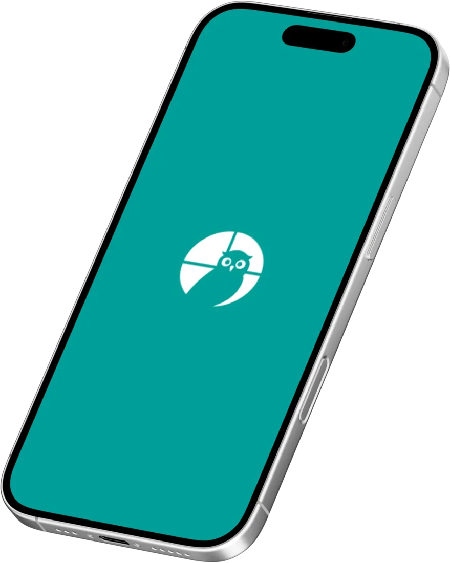 Écran de lancement de l'application MOVO affichant le hibou emblématique sur fond turquoise